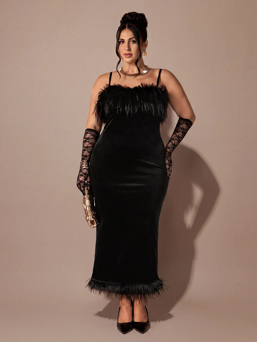 SHEIN BAE CURVE Plus Size Elegant Black Plush Slip Dress With Feather-Trimmed Sweetheart Neckline, Women's Party Dinner For Autumn, Winter, Christmas, Wedding Guests - Black - View 1