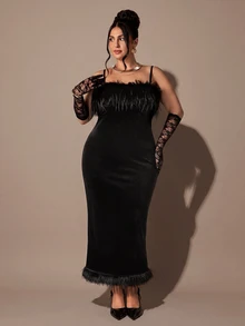 SHEIN BAE CURVE Plus Size Elegant Black Plush Slip Dress With Feather-Trimmed Sweetheart Neckline, Women's Party Dinner For Autumn, Winter, Christmas, Wedding Guests - Black - View 5