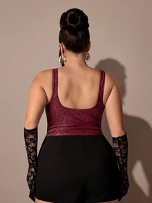 SHEIN BAE CURVE Plus Size Women's Burgundy Tight Bodysuit - Burgundy - View 4