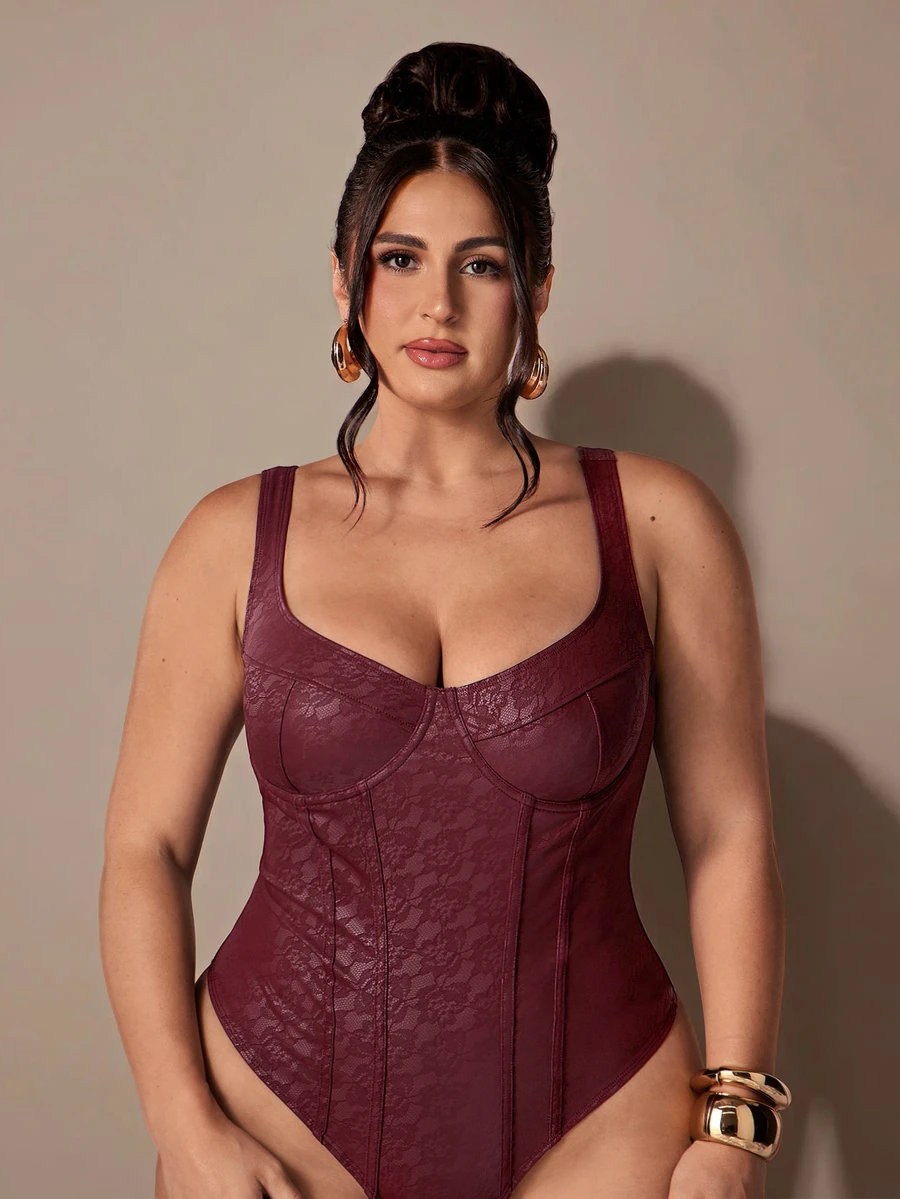 SHEIN BAE CURVE Plus Size Women's Burgundy Tight Bodysuit - Burgundy - View 1