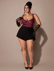 SHEIN BAE CURVE Plus Size Women's Burgundy Tight Bodysuit - Burgundy - View 3