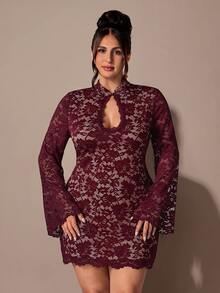 SHEIN BAE CURVE Plus Size Women's Lace Hollow Out Sexy Date Party Dress - Burgundy - View 7