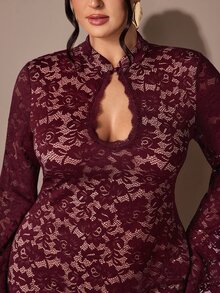 SHEIN BAE CURVE Plus Size Women's Lace Hollow Out Sexy Date Party Dress - Burgundy - View 5