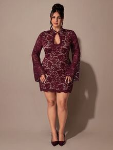 SHEIN BAE CURVE Plus Size Women's Lace Hollow Out Sexy Date Party Dress - Burgundy - View 1