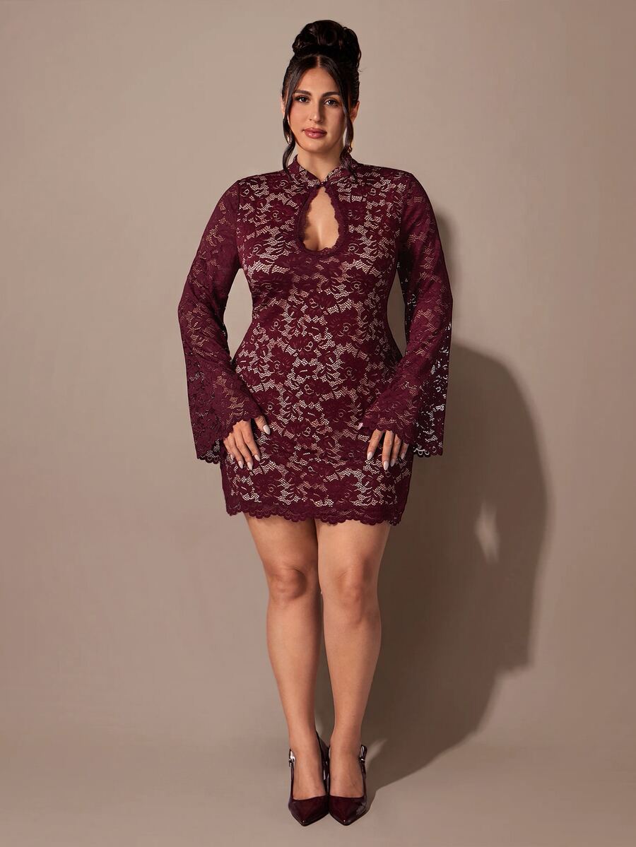 SHEIN BAE CURVE Plus Size Women's Lace Hollow Out Sexy Date Party Dress - Burgundy - View 1