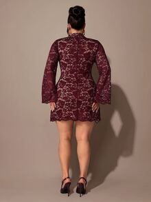 SHEIN BAE CURVE Plus Size Women's Lace Hollow Out Sexy Date Party Dress - Burgundy - View 6