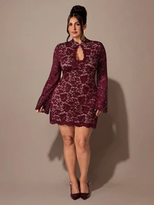 SHEIN BAE CURVE Plus Size Women's Lace Hollow Out Sexy Date Party Dress - Burgundy - View 2