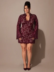 SHEIN BAE CURVE Plus Size Women's Lace Hollow Out Sexy Date Party Dress - Burgundy - View 3
