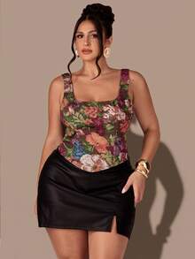 SHEIN BAE CURVE Plus Size Women's Floral Print Fitted Versatile Top - Multicolor - View 2