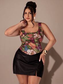 SHEIN BAE CURVE Plus Size Women's Floral Print Fitted Versatile Top - Multicolor - View 5