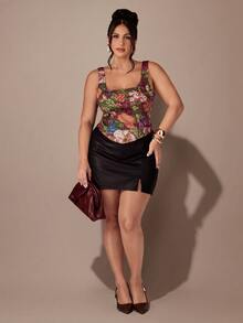 SHEIN BAE CURVE Plus Size Women's Floral Print Fitted Versatile Top - Multicolor - View 3