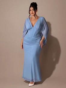 SHEIN BAE CURVE Plus Size Women Solid Color Deep V-Neck Ruched Elegant Waist-Cinching Party Dress - Blue - View 5