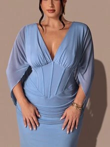 SHEIN BAE CURVE Plus Size Women Solid Color Deep V-Neck Ruched Elegant Waist-Cinching Party Dress - Blue - View 3