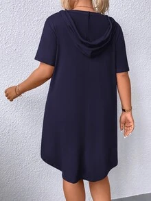 EMERY ROSE Plus Size Drawstring Hooded Short Sleeve Dress - Navy Blue - View 2