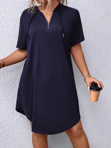 EMERY ROSE Plus Size Drawstring Hooded Short Sleeve Dress - Navy Blue - View 6