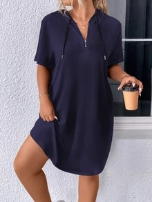 EMERY ROSE Plus Size Drawstring Hooded Short Sleeve Dress - Navy Blue - View 7