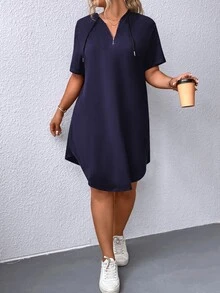 EMERY ROSE Plus Size Drawstring Hooded Short Sleeve Dress - Navy Blue - View 5