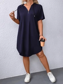 EMERY ROSE Plus Size Drawstring Hooded Short Sleeve Dress - Navy Blue - View 4
