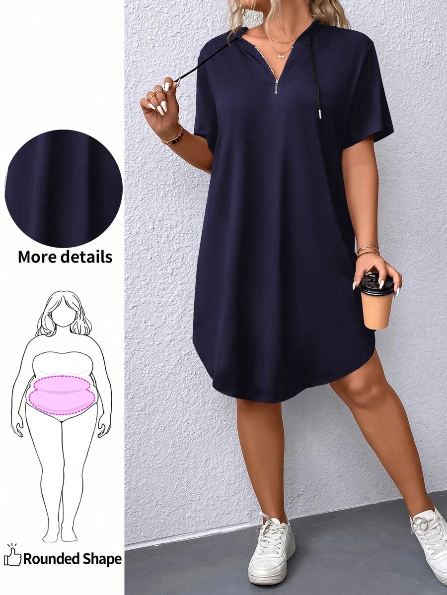 EMERY ROSE Plus Size Drawstring Hooded Short Sleeve Dress - Navy Blue - View 1