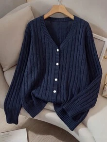 SHEIN LUNE 大尺碼女款純色V領休閒日常外出針織開襟衫 冬季 - 藏蓝色 - 查看 1