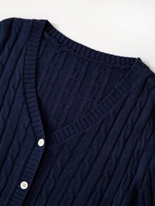 SHEIN LUNE 大尺碼女款純色V領休閒日常外出針織開襟衫 冬季 - 藏蓝色 - 查看 3