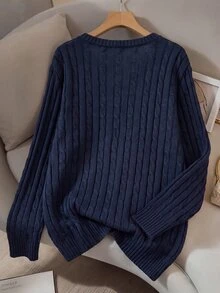 SHEIN LUNE 大尺碼女款純色V領休閒日常外出針織開襟衫 冬季 - 藏蓝色 - 查看 2