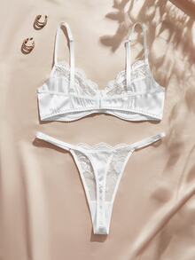 Charlaine Women's Solid Color Contrast Lace Fashionable Comfortable Lingerie Set - White - View 2