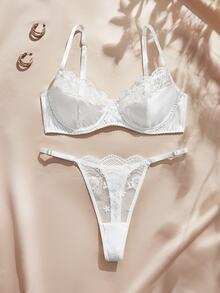 Charlaine Women's Solid Color Contrast Lace Fashionable Comfortable Lingerie Set - White - View 5