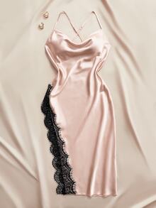 Charlaine Black Lace Cami Slip Dress With Cowl Neck And Side Slit Nightgown For Women - Black - View 1