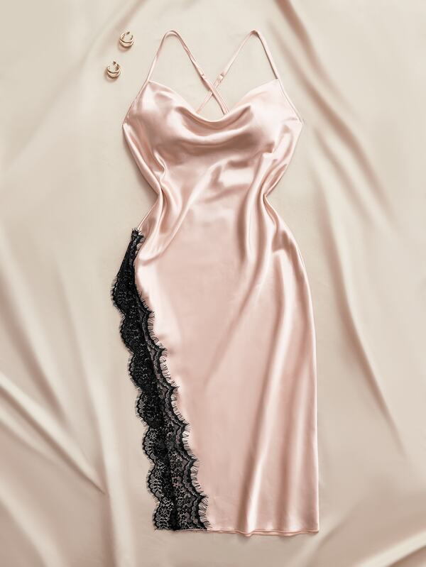 Charlaine Black Lace Cami Slip Dress With Cowl Neck And Side Slit Nightgown For Women
