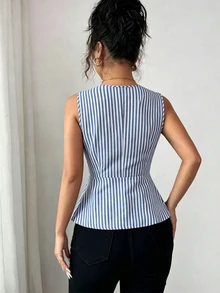 Elenzga 新款棉质条纹舒适夏季简约时尚金属扣设计收腰V领无袖女式上衣 - 藍白色 - 查看 6