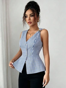 Elenzga 新款棉质条纹舒适夏季简约时尚金属扣设计收腰V领无袖女式上衣 - 藍白色 - 查看 5