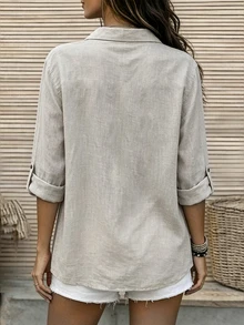 Glimmora Vintage Loose Adjustable Rolled Sleeve Linen Shirt - Light Grey - View 2