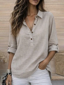 Glimmora Vintage Loose Adjustable Rolled Sleeve Linen Shirt - Light Grey - View 4