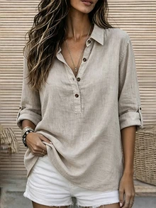 Glimmora Vintage Loose Adjustable Rolled Sleeve Linen Shirt - Light Grey - View 1