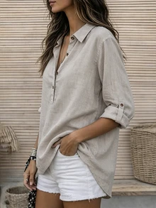 Glimmora Vintage Loose Adjustable Rolled Sleeve Linen Shirt - Light Grey - View 6