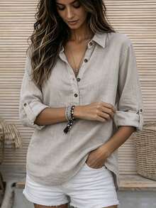 Glimmora Vintage Loose Adjustable Rolled Sleeve Linen Shirt - Light Grey - View 5