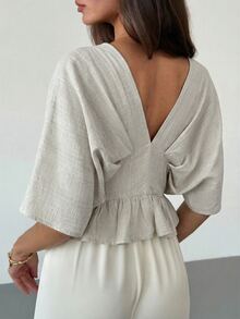 Aloruh Women's Solid Color V-Neck Raglan Sleeve Ruffle Hem Blouse Summer Holiday Top Vacation Beige Simple French Elegant For Commuting Office Brunch Wear - Apricot - View 2