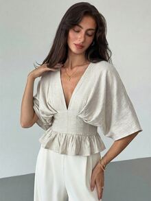 Aloruh Women's Solid Color V-Neck Raglan Sleeve Ruffle Hem Blouse Summer Holiday Top Vacation Beige Simple French Elegant For Commuting Office Brunch Wear - Apricot - View 5