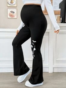 SHEIN Halloween,Maternity Spider Web Print Adjustable Waist Casual Everyday Long Pants,Bat,Ghost,Spider - Black - View 4