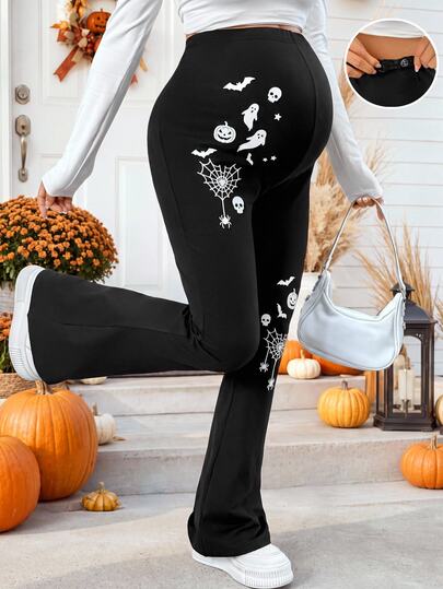 SHEIN Halloween,Maternity Spider Web Print Adjustable Waist Casual Everyday Long Pants,Bat,Ghost,Spider