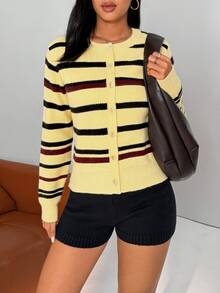 Glamine Cardigan Rajut Kasual Wanita Lengan Panjang Bergaris Kancing Tunggal - Kuning - View 5