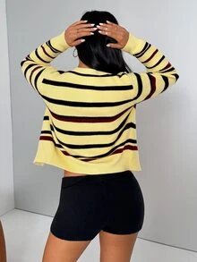 Glamine Cardigan Rajut Kasual Wanita Lengan Panjang Bergaris Kancing Tunggal - Kuning - View 2