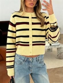 Glamine Cardigan Rajut Kasual Wanita Lengan Panjang Bergaris Kancing Tunggal - Kuning - View 4