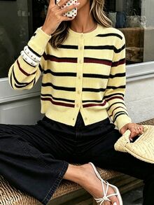 Glamine Cardigan Rajut Kasual Wanita Lengan Panjang Bergaris Kancing Tunggal - Kuning - View 1