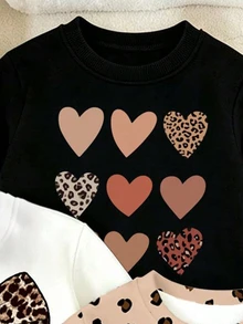 (3套) 秋冬女童幼兒豹紋愛心蝴蝶結卡通兔熊圖案圓領衛衣搭配喇叭褲 - 彩色 - 查看 6