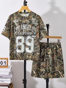SHEIN Bolty 2 Pieces Tween Boys Olive Green Summer Casual Oversized City Break Sweatshirt And Shorts Set,Full Print Letter And Leaf Pattern Street Style - Multicolor - View 7