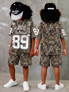SHEIN Bolty 2 Pieces Tween Boys Olive Green Summer Casual Oversized City Break Sweatshirt And Shorts Set,Full Print Letter And Leaf Pattern Street Style - Multicolor - View 1
