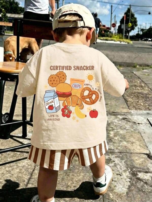 Baby Boy Casual Minimalist Letter Milk Print T-Shirt And Striped Shorts Set, Suitable For Summer And Autumn
