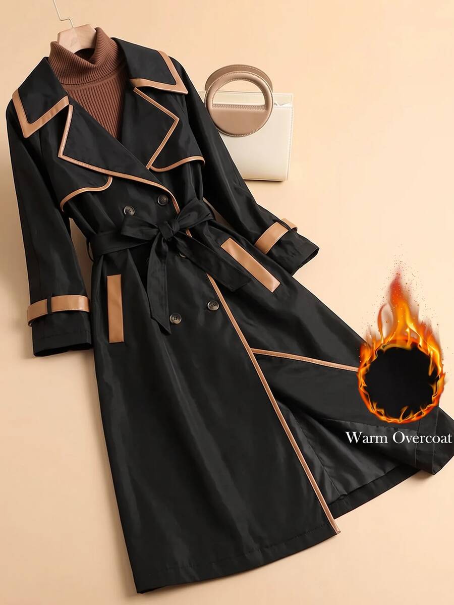 SHEIN Clasi Plus Size Women's Colorblock Fashion Versatile Trench Coat Jacket - Black - View 1